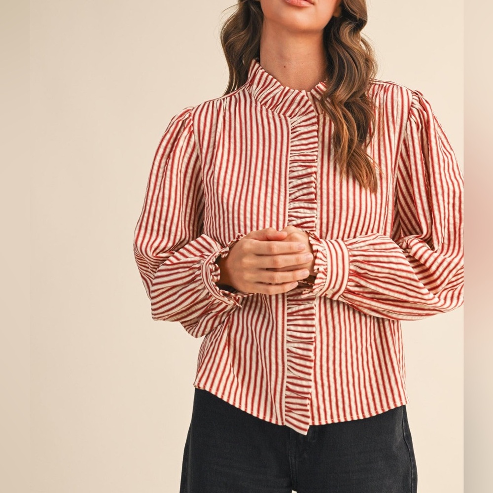 &Merci Striped Ruffle Button Down Red Rust Color Womens Size Medium NWT
